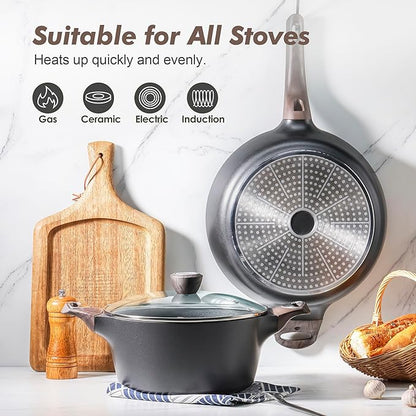 SENSARTE Pots and Pans Set Nonstick, 20 Pcs Induction Cookware Sets, Non-toxic Healthy Non Stick Kitchen Cooking Set with Stay-Cool Handles, PFOA PFOS Free, Black