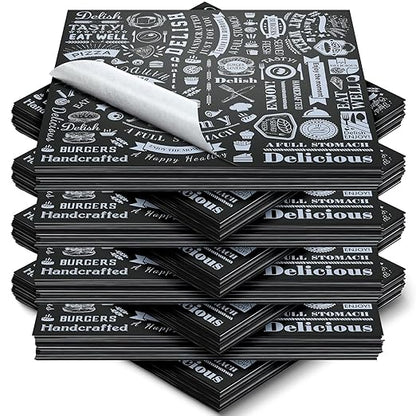 Outus 600 Pcs 12 x 12 Inch Deli Wax Paper Sheets Grease Resistant Tray Basket Liners Newsprint Paper Water and Grease Proof Sandwich Wrapping Square Hot Dog Wrappers for Food Baking (Black)