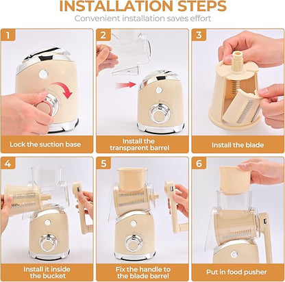 SUSTEAS Rotary Cheese Grater with Handle, Vegetable Slicer, 6 Interchangeable Blades, Reinforced Suction, Easy to Clean, Kitchen Shredder for Crushed Ice, Fruits, Nuts with Blade Storage Case, Beige