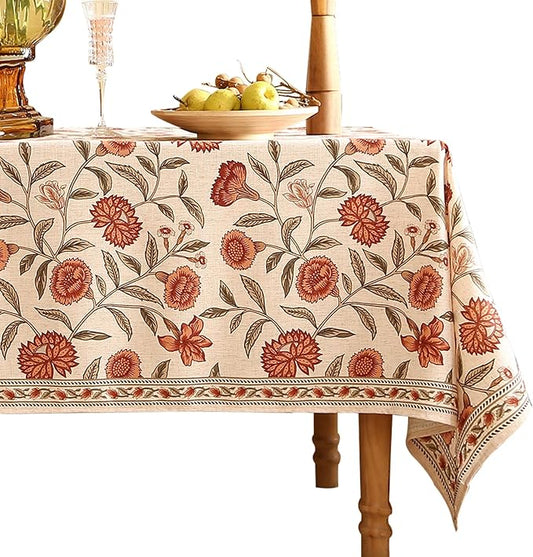 ISAENNE Designer French Long Rectangular Tablecloth,Linen Orange Floral Pattern Indoor Table Cloth,Wrinkle Resistant Decor Table Cloth for Dining Thanksgiving Kitchen Party,63"*94"-Alvarado D