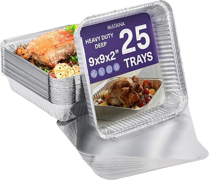 MATANA 9x9 Aluminum Pans with Lids (25 Pack) Disposable Aluminum Trays - 9" Inch Square Foil Cake Baking Pans & Food Containers with Lids