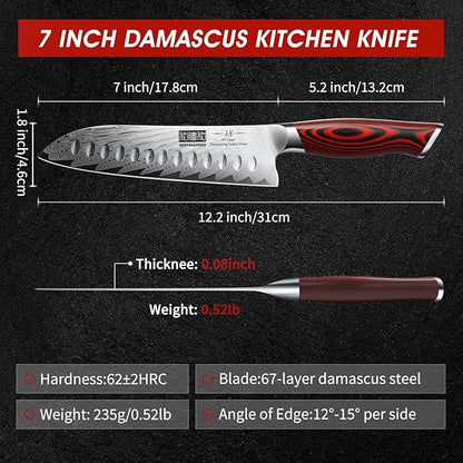HOSHANHO Damascus Santoku Knife, 7 Inch Professiona Kitchen Knife, Damascus Super Steel Ultra-Sharp Santoku Chef Knife with Ergonomic G10 Handle
