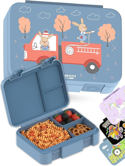 Kids Lunch Box with Compartments – Compact & Lightweight | Leak-Proof, BPA-Free, Dishwasher & Microwave Safe | Hand-Drawn Design for Preschool, School, Travel (Firetruck Bunnies Blue, 4 Cups)