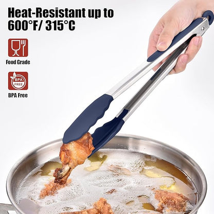 Doosu Kitchen Tongs for Cooking - 600°F Heat Resistant Food Tong Set with Non-Scratch Silicone Tips, Heavy Duty Stainless Steel Locking Tong for BBQ, Grilling Steak, Serving (7+9+12in, Navy Blue)