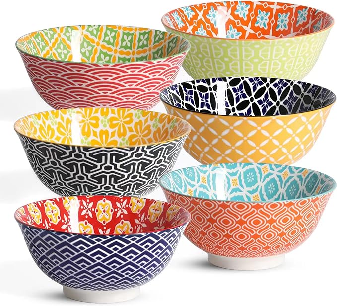 Ceramic Cereal Bowls, 23 Oz Colorful Soup Bowls, Deep Porcelain Bowl Set for Salad, Dessert, Pasta, Ice Cream,Set of 6