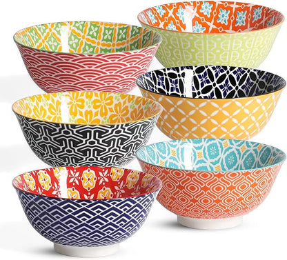 Ceramic Cereal Bowls, 23 Oz Colorful Soup Bowls, Deep Porcelain Bowl Set for Salad, Dessert, Pasta, Ice Cream,Set of 6