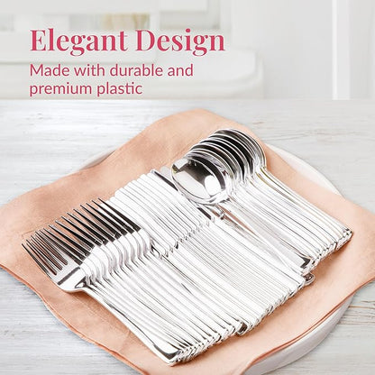 Prestee 600 Plastic Silverware Set, Silver Plastic Utensils, Disposable Flatware Set with Forks 200, Spoons, Knives, Heavy-Duty Bulk Silverwares for Christmas Parties and Events