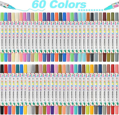 60 Colors Acrylic Paint Pens, Dual Tip Acrylic Paint Markers for Paper, Wood, Canvas, Stone, Rock Painting, Glass, Fabric, DIY, Ceramic, Art Supplies for Kids and Adults Drawing (Dot + Fine)