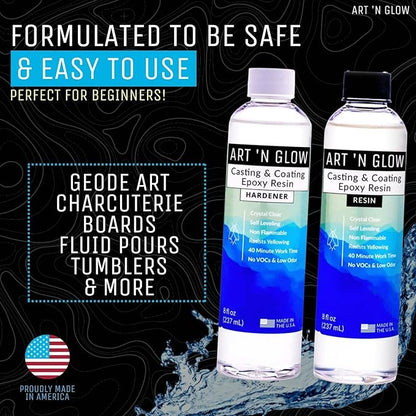 Epoxy Resin for Crystal Clear Casting & Coating – 16 oz Kit – Bubble Free, Non-Yellowing, Two Part, Self-Leveling Art Resin – for Tumblers, Jewelry, Molds, Table Top, & Crafts – USA Small Business