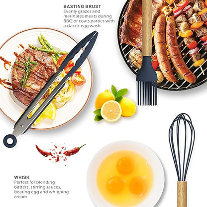 Silicone Cooking Utensils Set - 446°F Heat Resistant Silicone Kitchen Utensils for Cooking,Kitchen Utensil Spatula Set w Wooden Handles and Holder, BPA FREE Gadgets for Non-Stick Cookware (Navy Blue)