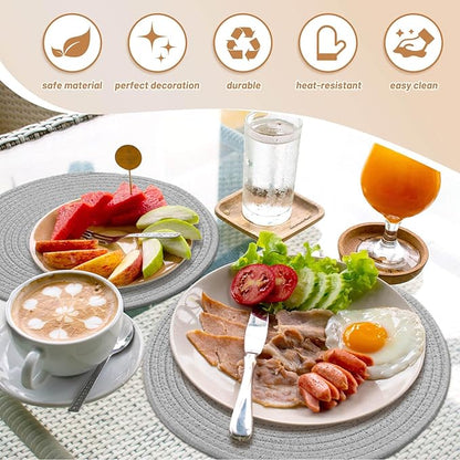 Billbotk Round Woven Placemats Set of 4, 13 Inches Table Place Mats for Dining Table, Hot Pads for Kitchen, Trivets for Hot Dishes, Pots and Pans,Tabletop Accessories(LightGray) ﻿