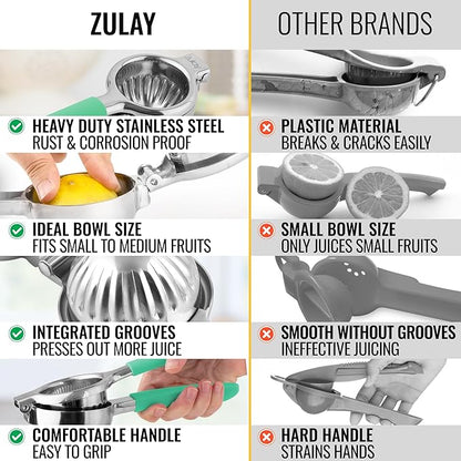 Zulay Kitchen Lemon Squeezer Stainless Steel with Premium Heavy Duty Solid Metal Squeezer Bowl and Food Grade Silicone Handles - Large Manual Citrus Press Juicer and SS Lime Squeezer (Mint)