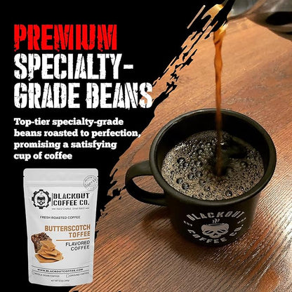 Blackout Coffee Butterscotch Toffee Flavored Ground Coffee – Medium Roast, Smooth Taste, Guilt-Free Indulgence – Freshly Roasted 12oz Pouch, American Made