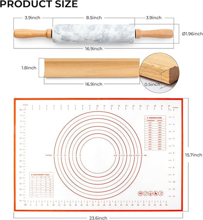 WORHE Marble Rolling Pin with Non-Stick Silicone Mat & Wood Base, 16.9-Inch Heavy Weight Dough Roller for Pizza Crust, Cookies, Pasta, Fondant, Pastry Polished Non-Stick Surface White (WH076)