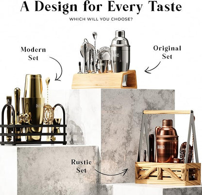 BARE BARREL® Mixology Bartender Kit Bar Set | 14-Piece Cocktail Shaker Set | Martini Barware Mixing Tools for Home Bartending | Incl. 35 Recipe Cards | Gift Set (24oz Cobbler Shaker, Jet Black/Black)