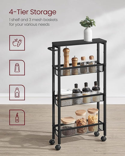 VASAGLE Slim Rolling Cart, 4-Tier Storage Cart, Narrow Cart with Handle, 5.1 Inches Deep, Metal Frame, for Kitchen, Dining Room, Living Room, Home Office, Ebony Black and Classic Black ULRC032B04