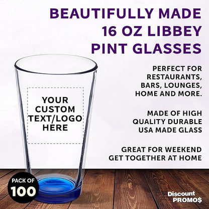 Custom Libbey Pint Glass 16 oz. Set of 100, Personalized Bulk Pack - Beer Glasses, Heavy Duty Drinkware - Blue