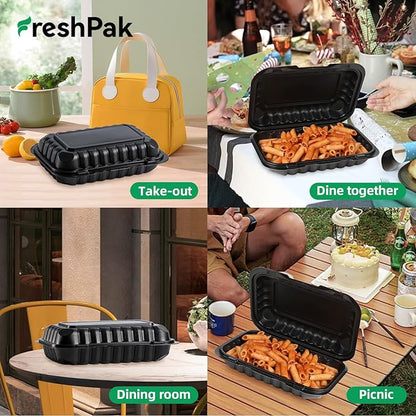 Plastic Containers Mineral Filled PP - 50 Pack 9x6 27 oz Shrink Wrap BPA Free | Stackable Meal Prep Clamshell Food Container | Reusable Microwave Safe Leftovers Takeout | Catering To Go Box