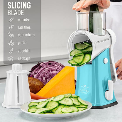 Zulay Kitchen Rotary Cheese Grater 5 Blade Cheese Shredder - Manual Hand Crank Cheese Grater With Reinforced Suction & 5 Interchangeable Drums - Easy to Use, Vegetable Chopper Round Mandoline Slicer