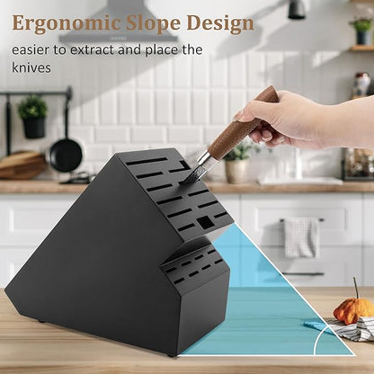 20 Slot Knife Block Storage without Knives,Acacia Wood Universal Knife Holder for Kitchen Countertop,Large Butcher Block Organizer,Easy Kitchen Knife Storage (Black)