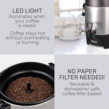 Homecraft 45-Cup Coffee & Hot Beverage Urn - Quick Brewing, Drip-Free Spout, Water Level Markings, Reusable Filter, & Carry Handles - Aluminum