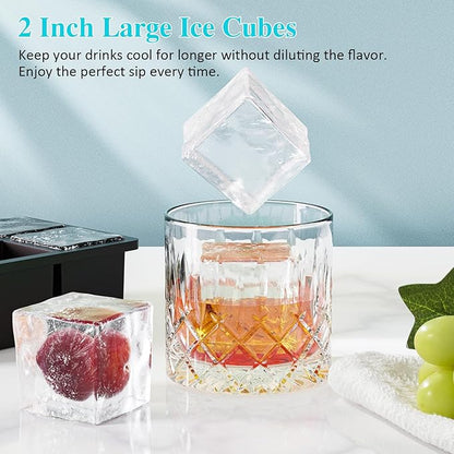 Large Ice Cube Tray for Whiskey: 2inch Big Silicone Ice Trays with Lid for Whisky - 3Pack Old Fashioned Ice Cube Trays for Cocktail - Huge Square Cubed Bourbon Ice Cube Maker