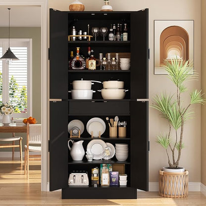 Unikito Kitchen Pantry Cabinet with Farmhouse Barn Doors and Storage Drawer, 4 Adjustable Shelves, Freestanding Tall 71" Cupboard for Kitchen, Dining Room, Living Room, Utility Room, Black