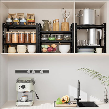 Expandable,Adjustable & Stackable Spice Rack, Cabinet Kitchen Countertop Shelf Organizer,Metal Pantry Storage Shelves - Space-Saving Storage Solution(2Packs/Black/Medium)