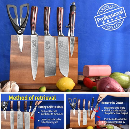 XYJ Extra Large Magnetic Knife Block Acacia Wood Knife Set Holder Stand With Stronge Magnetic Strip Kitchen Knives Storage Rack Organizer Tools No Drilling