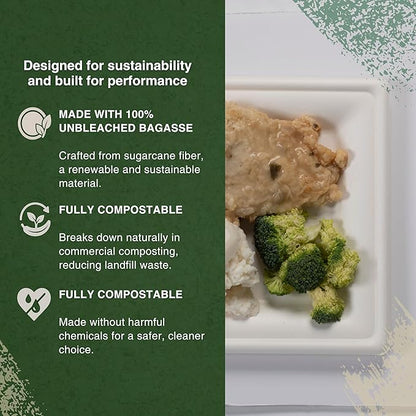 FSE 100% Compostable Square Tray Plates, 8 Inch, Heavy Duty Disposable Plates, Eco-Friendly Unbleached Bagasse, Microwave Safe, (Case of 500)