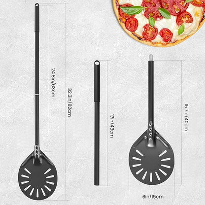 6” Pizza Turning Peel - Extra Long Handle Pizza Turner - Restaurant-Grade Aluminum Perforated Pizza Peel Lightweight Metal Outdoor Pizza Oven Accessories