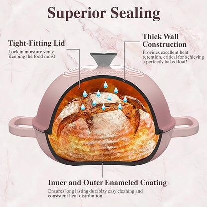 Cast Iron Dutch Oven Pot with Lid, Round Bread Oven for Sourdough Bread Baking, Umite Chef Enameled Cast Iron Bread Oven with Dome Lid & Cotton Potholders for Sourdough, Pink, 6 Quarts
