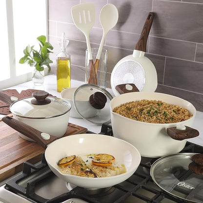 Oster SmartHandle Advance 18-Piece Ceramic Nonstick Cookware Set – Matte Linen Finish, Induction, Detachable Handles, Oven & Dishwasher Safe Pots Pans, w/Utensils & Pan Protectors