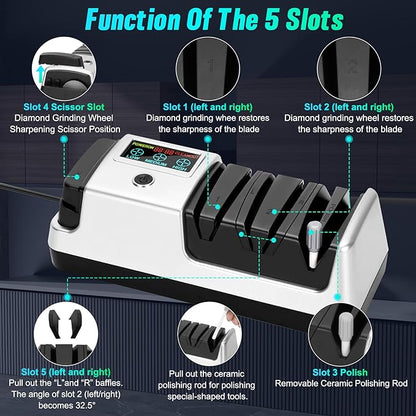 Upgrade 5 in 1 Electric Knife Sharpener with LCD Screen, 3 Rotational Speed Adjustable, 100% Diamond Abrasives, knife sharpener for Straight, Serrated, Meat Cleaver, Ceramic Knives & Scissors, Sliver