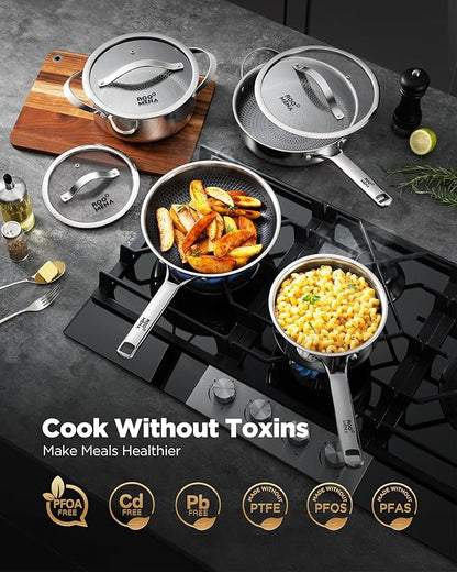 Pots and Pans Set Hybrid Stainless Steel, 17PC Nonstick Tri-Ply Cookware Set w/Frying pan, Dishwasher & Oven Safe, PFOA-Free, Metal Utensil Safe, Suitable for All Cooktops