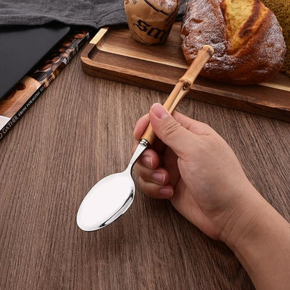 Bamboo Silverware Set, 24-Piece Natural Bamboo Flatware Cutlery with Stainless Steel Silver Head, Includes Knife, Fork, Spoon for Daily Use and Party, Reusable