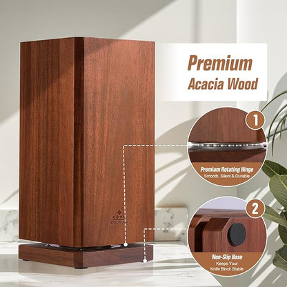 360° Rotating Magnetic Knife Block without Knivies, Acacia Wood Knife Holder with Removable Bristles, Large Capacity Knife Storage Organizer for Kitchen Countertop