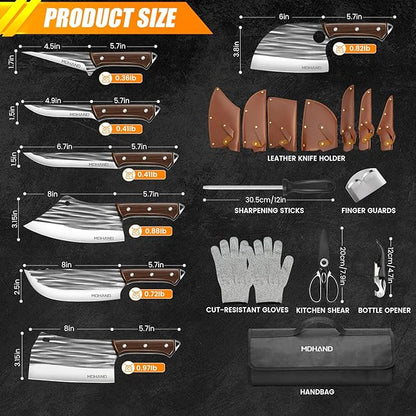 MDHAND 14PCS Professional Butcher Knife Set with Roll Bag, Hand Forged Serbian Chef Knife Set, Heavy Duty Meat Cleaver Knives, Boning Knife, Meat Cutting Knife for Kitchen, Gift for Men, BBQ, Camping