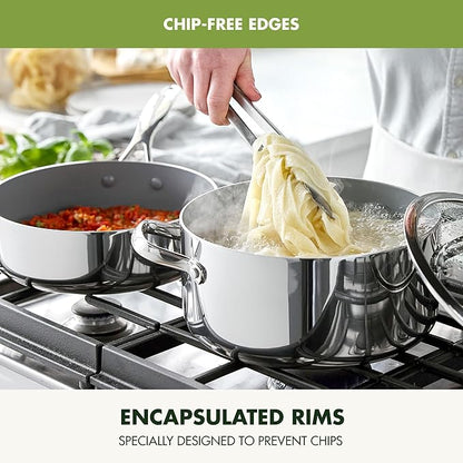 GreenPan Valencia Pro Stainless Steel 10 Piece Cookware Pots and Pans Set, Induction Suitable Mirrored Tri-Ply, Ceramic Nonstick PFAS-Free Coating, Multi Clad, Dishwasher Oven & Broiler Safe