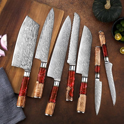 SENKEN 7-Piece Damascus Kitchen Knife Set - Tsunami Collection - 67-Layer Japanese VG10 Steel - Chef's Knife, Cleaver, Santoku, Bread, Boning, & More (Red Resin Blend)