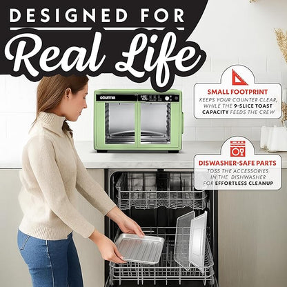 Gourmia French Door Digital Air Fryer Oven - XL 37QT Capacity, 12 Presets, FryForce 360° Tech, Dehydrate, Proof, Slow Cook, Fits 13” Pizza, 1700W, Green