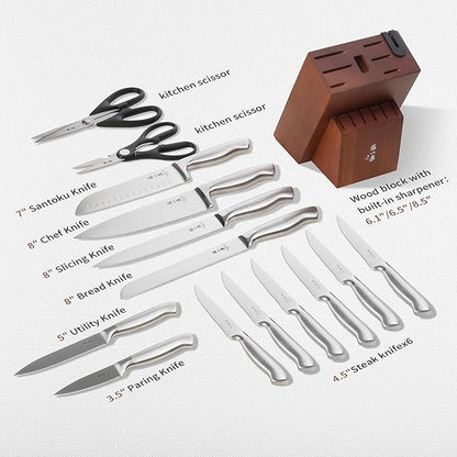 ZHANG XIAO QUAN SINCE 1628 15Pcs Knife Set with Block, 50Cr15MoV High Carbon Stainless Steel Kitchen Knife Set, Sharp and Durable, Hundreds of Years of Masterful(Silver)