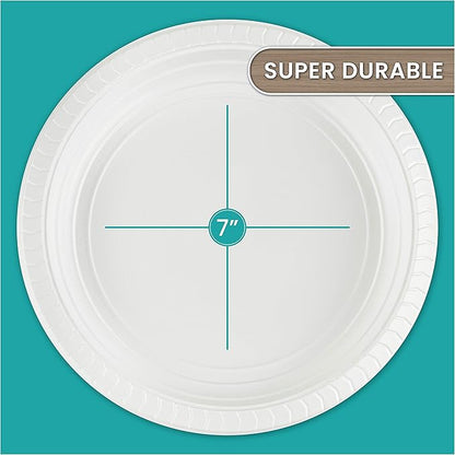 PLASTICPRO Round Plastic Plates And Bowls Microwaveable, Disposable, White, Dinnerware (800, 7'' Inch Plates)