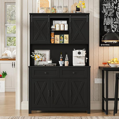 67.7 Inch Farmhouse Pantry Storage Cabinet with Sliding Barn Doors, 2 Drawer Farmhouse Coffee Cabinet with Adjustable Shelf, Side Board with Buffet Cupboard for Livingroom Kitchen, Black