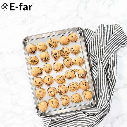 E-far Cookie Sheets Set of 4, 18”x13” Stainless Steel Baking Sheet Pans for Oven, Large Non Toxic Metal Baking Tray for Baking Roasting, Healthy & Rust Free, Mirror Finish & Dishwasher Safe