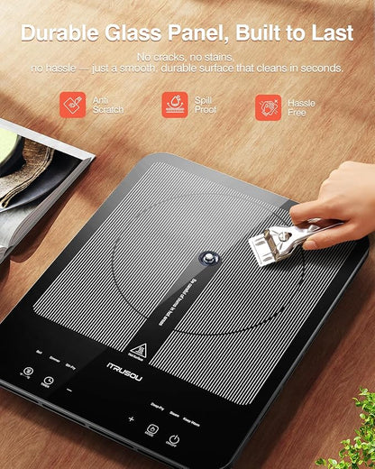 Portable Induction Cooktop, 1°C Precision Control, Dual Temp Display, 1L Boils in 4 Mins, Ultra-Slim 26mm Burner, 6 Cooking Modes, 3-Hour Timer, Glass Surface, for Magnetic Cookware Only