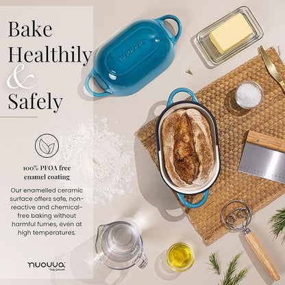 Dutch Oven For Sourdough Bread Baking – Enamelled Cast Iron Bread Loaf Pot – Oven Safe Non Stick Bread Pot – Rectangular,Light Blue, 24cm x 16cm – by Nuovva