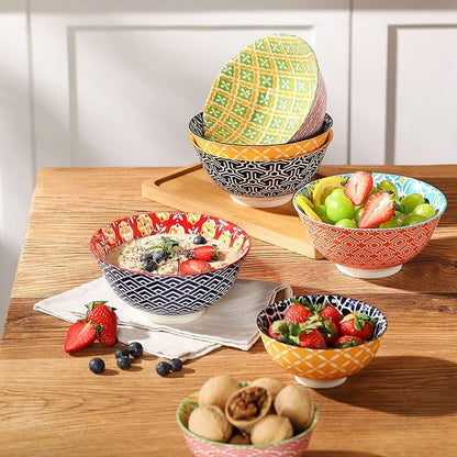 Ceramic Cereal Bowls, 23 Oz Colorful Soup Bowls, Deep Porcelain Bowl Set for Salad, Dessert, Pasta, Ice Cream,Set of 6
