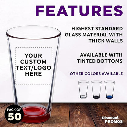Custom Libbey Pint Glass 16 oz. Set of 50, Personalized Bulk Pack - Beer Glasses, Heavy Duty Drinkware - Red