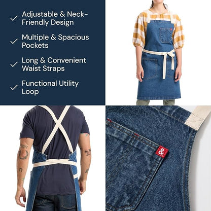 hedley & bennett Crossback Apron - Crossback Chef Apron with Pockets - 100% Cotton Denim, 8oz - Georgia Blue